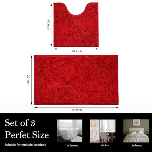 Bathroom Rugs Chenille Bath mat 2 Piece Set, Super Absorbent, Strong PVC Non Slip Backing, Bath mats for Bathroom, Plush Shaggy, Thick, Machine Washable, Bathtub, Toilet.(Red) - color: Red, size: 20''×20''U-Shape+20''×32''