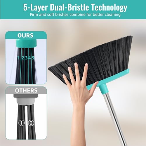 Broom with Dustpan Combo Set, Silicone Broom Squeegee and Scrub Brush Set with Long Adjustable Handle for Indoor & Outdoor Sweeping and Scrubbing, Ideal for Pet Hair, Liquids and Dirt - color: Teal and Grey