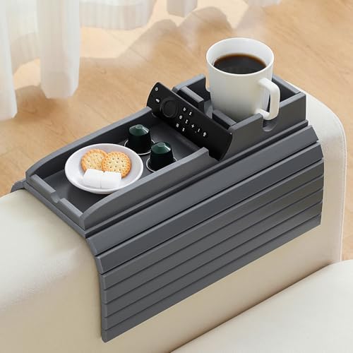 Bamboo Couch Cup Holder Arm Tray，Foldable Couch Drink Holder Armrest Table，Sofa Arm Rest Tray，Flexible Arm Chair Table Recliners for Drink,Cups, Snacks, Phone, Remote (Grey) - color: Grey