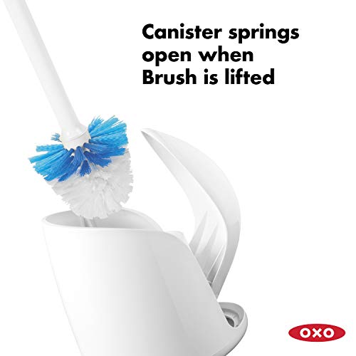 OXO Good Grips Compact Toilet Brush & Canister, Toilet Bowl Brush and Holder with Automatic Canister Door, Bathroom and Small Spaces Cleaning Supplies Essential (Pack of 6) - color: White, size: 1 Count (Pack of 6)