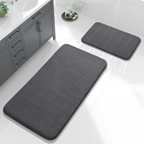 Yimobra Large Bath Mat Set 2 Piece- Super Soft Absorbent Quick Dry Memory Foam Bathroom Rugs, Machine Washable Non Slip Floor Carpet for Tub Shower & Double Vanity (17x24 & 44x24, Dark Gray) - color: Dark Gray, size: 44x24+24x17 Inch