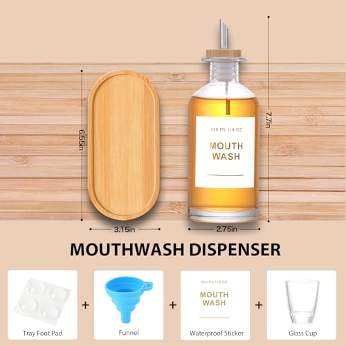 11.8OZ Glass Mouthwash Dispenser for Bathroom with Stainless Steel & Bamboo Nozzle, Mouthwash Cup Reusable, Bamboo Tray, and Elegant Gold Sticker.Set of 2（Clear - color: Clear/350*2