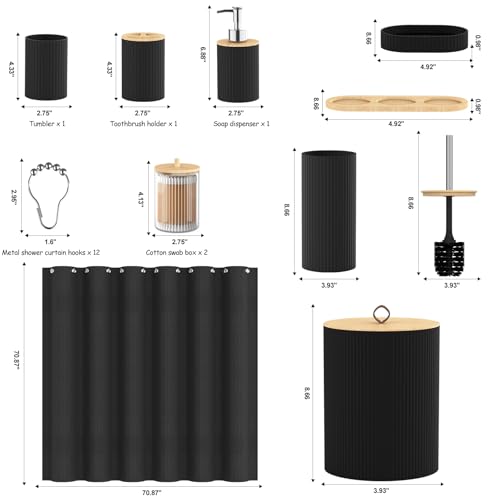 Bathroom Accessories Set 22 Pcs, Complete Bathroom Decor Set with Shower Curtain, Hooks, Waste Bin, Soap Dispenser, Toothbrush Holder, Black Bathroom Accessory Kit for Home Decor
