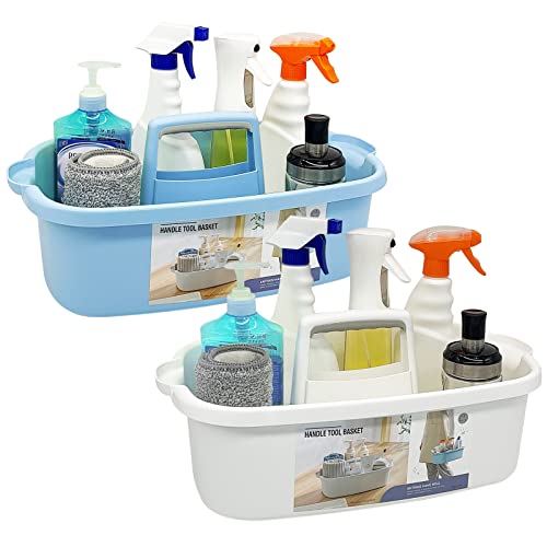 Goderewild 2 Pack Multi-Purpose Plastic Cleaning Caddy with Handle, Shower Caddy Organizer/Storage Basket/Totes Portable for Bathroom Supplies, Cleaning Products, Under Sink Tool. (blue+white) - color: Blue+White, size: 2 Pack