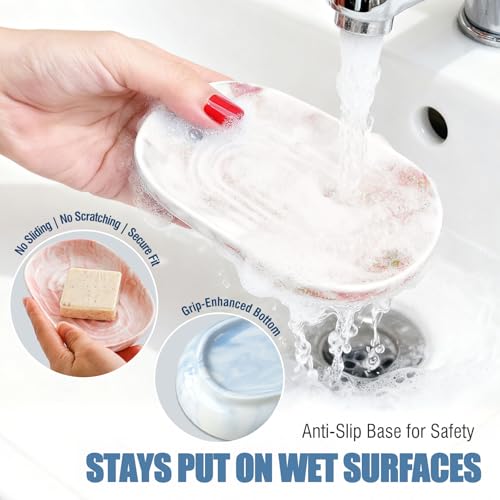 OTHIX Ceramic Soap Dish with Unique Marble Texture, Decorative Bar Soap Holder for Bathroom and Kitchen, Cute Soap Dishes for Bar Soap, Jewelry, Ring (Pink Texture) - color: Pink Texture