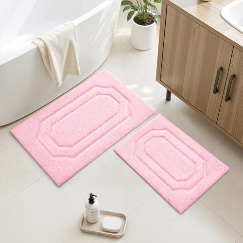 HOMEIDEAS Pink Bathroom Rugs, Absorbent Microfiber Bath Mat with Non-Slip Backing, Machine Washable for Shower - color: Light Pink