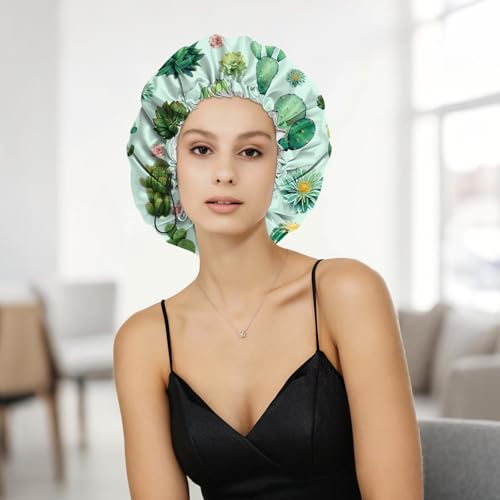 Shower Cap Adjustable Waterproof Double Layer Elastic Reusable Hair Bath Cap Cute Aesthetic for Women Girls-Cactus - color: R14-Cactus