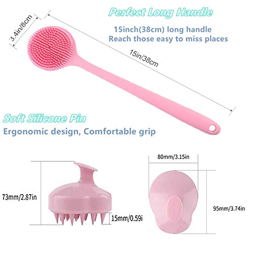 Silicone Body Scrubber & Scalp Massager, Long Handle Shower Brush, Exfoliating Scrubber for Men, Women & Kids - color: Pink
