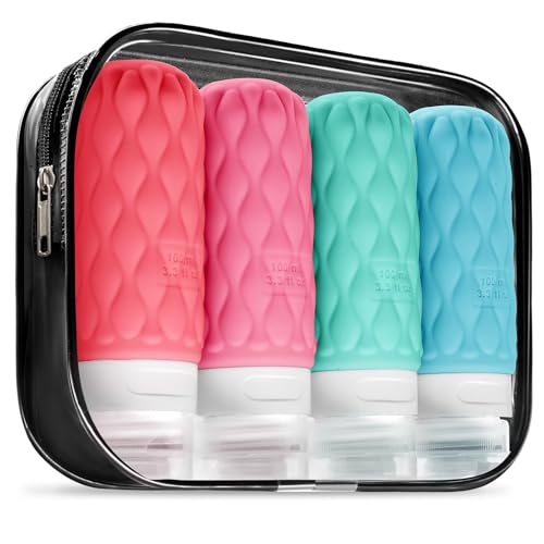 Silicone Travel Bottles for Toiletries 8 Pack Travel Size Toiletries 3.4 oz 1.7 oz, Leakproof Squeeze Travel Size Containers Refillable Cosmetic Jars Set for Shampoo, Conditioner, Creams - color: Tropical Sunset-3.4oz