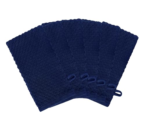 COTTON CRAFT Bath Mitt - 6 Pack Euro Spa Waffle 100% Cotton Towel Mitts | Large 5.5x10 inches Navy Exfoliating Gloves - Sensitive Skin Friendly - Body Bath Shower Glove Washcloth with Hanging Loop - color: Navy - Bath Mitt