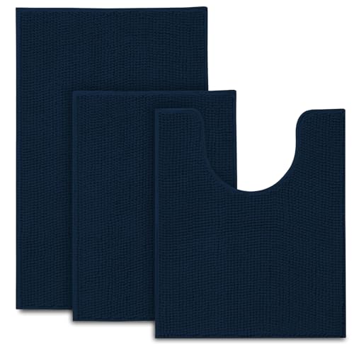 Urvoix Bathroom Rugs Sets 3 Piece, Chenille Bathroom Rug Non-Slip Bath Rug, Ultra Soft, Washable, Super Absorbent Bath Mats for Bathroom, Toilet and Tub (Dark Blue) - color: Dark Blue