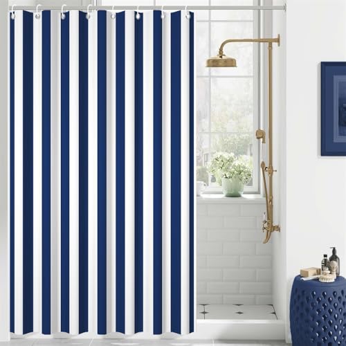 Navy Blue Striped Shower Curtain Sets Decor Blue and White Vertical Stripes Decor Modern Fashion Minimalist Bathroom Curtain for Home Bathtub Stall Decoration Hooks Included,48x72inch - color: Navy Blue, size: 48"W x 72"L (Pack of 1)