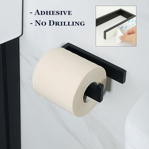SAYAYO Self Adhesive Toilet Paper Holder Wall Mount, Modern Matte Black Stick on Toilet Paper Roll Holder for Bathroom Square, SUS304 Stainless Steel 6 Inch - color: Black - Adhesive