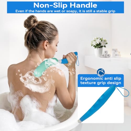 15.35" Back Bath Brush with Sponge,Back Scrubber Bath Mesh with Anti-Slip Curved Long Handle Bath Body Brush for Elderly Aid Bathing and Shower - size: Green+Green Handle