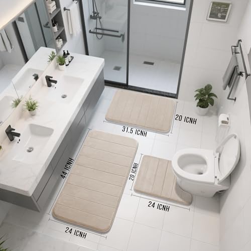 Yimobra 3 Pieces Memory Foam Bath Mat Set with U-Shaped Toilet Rug - Non Slip Super Soft Absorbent Quick Dry Bathroom Rugs for Bathtub, Vanity & Toilet Base, Beige - color: Beige, size: 44''x24'' + 31.5''x20'' + 24''x20''