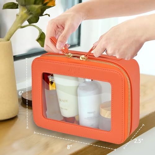 NGIL Clear Faux Leather Travel Toiletry Bag, Makeup Bag Organizer for Women, Clear Window & Gold Zipper Makeup Bag, Road Trip Essential, Skincare, Cruise Ship Essentials (Orange) - color: Orange