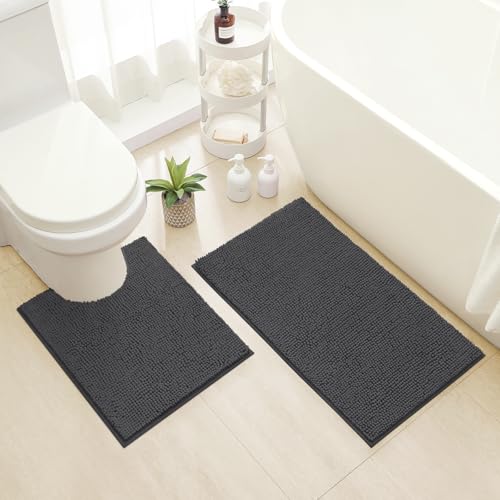 HOMEIDEAS Bathroom Rugs Set 2 Pieces, Ultra Soft Non Slip Absorbent Chenille Toilet Bath Mat Set (Charcoal/Dark Grey) - color: Grey-charcoal, size: 1'8" x 2'8" (U Shape 20"x24"+20"x32")