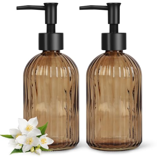 Topsky 2 Pack Glass Soap Dispenser with Black Plastic Pump, 400ml Liquid Hand Soap Dispenser, Rustproof Pump for Kitchen & Bathroom, Great for Lotions, Essential Oil, Liquid Soaps-Amber - color: Stripe-amber, size: Plastic Pump