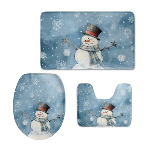 Cute Snowman Bathroom Rug Set Bathroom Rugs Sets 3 Piece Toilet Seat Cover and Rug Set Toilet Lid Cover with Non-Slip Bottom Toilet Lid Cover Set with U-Shaped Rug Bathroom Accessory Set - color: Cute Snowman