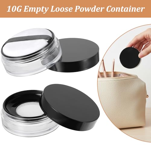 2 Pcs Loose Powder Container with Mirror, 20g(0.7oz) & 10g(0.33oz) Empty Reusable Compact with Rotatable Sifter, No Leak Powder Case with Sponge Puff for Travel DIY Makeup