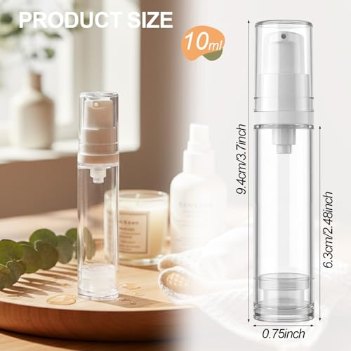 Zhehao 60 Pcs 10 ml Airless Pump Bottle Refillable Plastic Airless Vacuum Dispenser Travel Size Clear Cosmetic Sample Vial Container Jars for Lotion Cream Foundation Liquid Toiletries - size: 10 ml