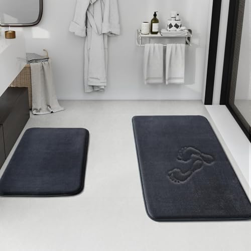 HUXMEYSON Bathroom Rugs Sets 2 Piece, Non-Slip & Quick Dry Bath Mat Set, Ultra Soft Velvet Bath Rugs for Bathroom, Toilet and Shower Floor, Dark Grey - color: Dark Grey, size: 17"x24"+20"x32"