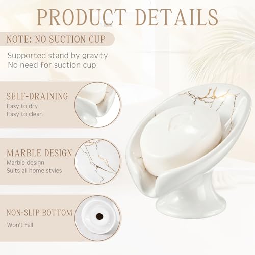 2 Pack Soap Dishes for Bar Soap Holder Ceramic Decorative Self Draining Leaf Shape Design for Sink Modern Bathroom Shower Kitchen, Marble Pattern(White Gold)