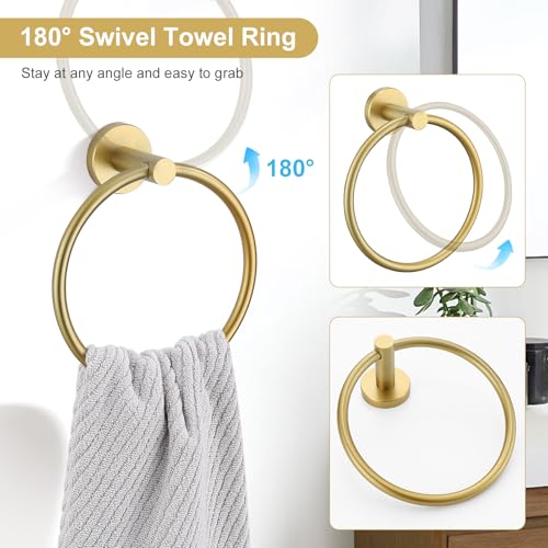 TQKAG 8-Pieces Bathroom Hardware Set Brushed Gold SUS304 Stainless Steel Bath Towel Bar Set 23.6 Inch Round Bathroom Accessories Kit Wall Mounted - color: Brushed Gold, size: 8-Pieces Set