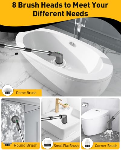 Shower Scrubber with Long Handle, Shower Cleaner Brush with 8 Floor Machine Pads, Cordless Electric Spin Scrubber for Cleaning with 2 Speed, Cleaning Supplies for Bathroom Bathtub Kitchen Floor Toilet - color: Gray, size: 8 Brush Heads