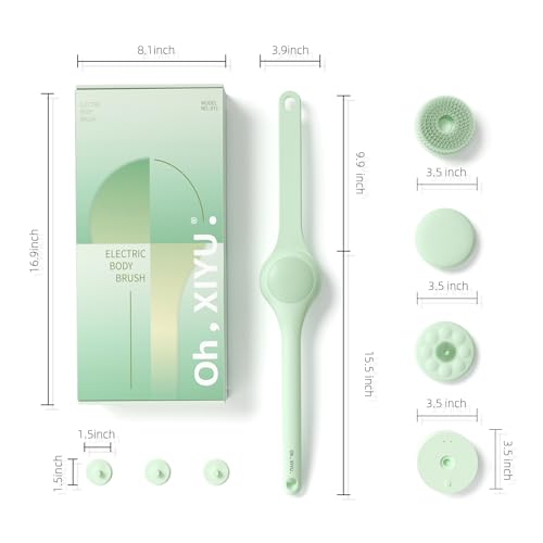 Electric Body Brush Back Scrubber for Shower, Waterproof Long Dual Handle Body Scrubber with 3 Heads, Bath Brush & 2 Speeds, for Cleansing, Exfoliating and Massaging Skin, Pale Cypress Green