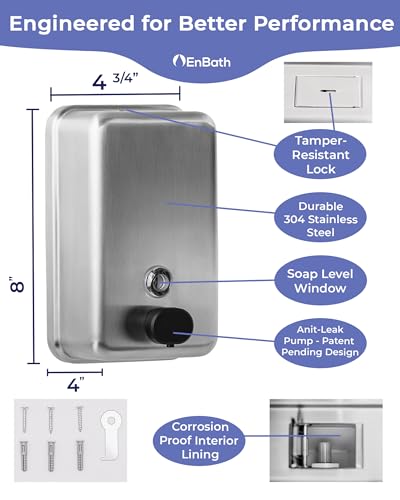 Commercial Soap Dispenser Wall Mount (37oz), Heavy Duty, Stainless Steel Manual Soap Dispenser with Corrosion Proof Lining and Anti-Leak, Patent-Pending Pump Design for Industrial or Home Bathroom