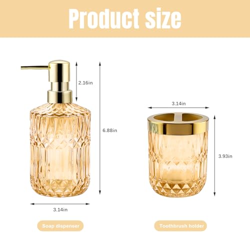 2Pcs Golden Bathroom Accessories Set, Glass Bathroom Accessories, Vintage Bathroom Countertop Decoration Includes Soap Dispenser, Toothbrush Holder - color: Golden, size: 2 Pcs