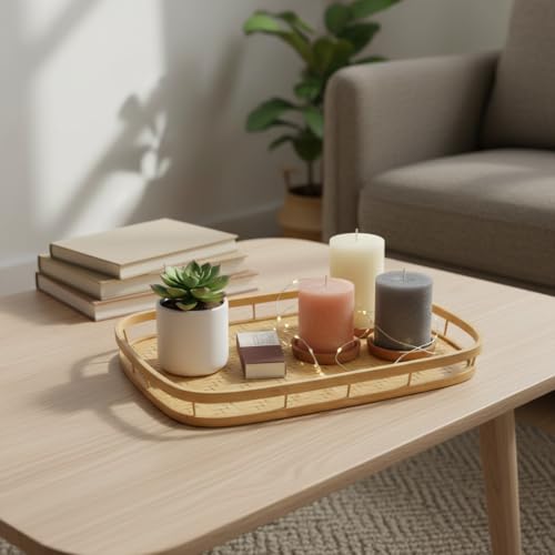 PEMAR Wicker Serving Trays w Handles,Rectangular Hand-Woven Lap Trays,Bamboo Bedroom Trays,Cabin Trays for Foods & Drinks. Decorative Trays for Coffee Tables,Breakfast,Dinners,Bed Eating. 2 Pack Set - size: Standard (16.93"L x 13"W)