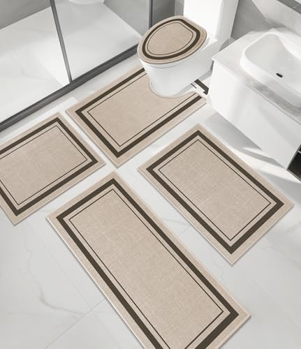 chakme Bathroom Rug Sets 5 Piece, Ultra Thin Bath Mat Absorbent, Non Slip, Machine Washable, Light Beige, 17" x 24" / 17" x 30" / 17" x 59" - color: Light Beige, size: 5-Piece (17" x 24" / 17" x 30" / 17" x 59")