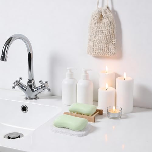 60 Pcs Soap Saver Set with Wooden Soap Dish, Exfoliating Bag, Saver Pads Bulk with Self Drain, Bar Soap Holder Mesh Bag for Shower and Bath Use Home Toilet Kitchen Hotel Restaurant