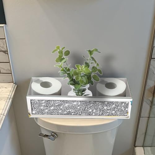 Wocred Bathroom Basket Toilet Tank,Crushed Diamond Mirrored Bathroom Tray Wall-Mounted,Silver Storage Organizer fits Dresser Bedroom,Bathroom,Coffee Table.(15”x7”x3.8”) - color: Silver - 7 Inch