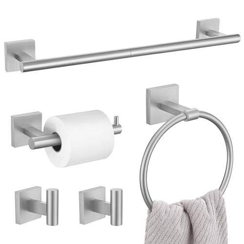5 Pieces Bathroom Hardware Set, Brushed Nickel Towel Bar Set Includes 23.6” Towel Bar, Towel Ring Holder, Toilet Paper Holder and Two Towel Hooks, Bathroom Accessories Set SUS304 Wall Mounted - color: Brushed Nickel, size: 5 Pieces - Standard