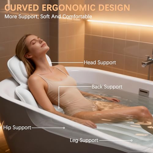 Full Body Bath Pillow for Bathtub Thickened 5D Air Mesh 144 Suction Cups | Bath Pillow Luxury Bathtub Pillow 3.7'' Thick Head, Neck and Back Support Bath Tub Pillow Large 56 x 18 Inch Size - color: White, size: Small