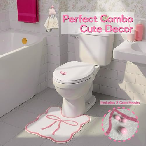 Bow Toilet Rug with Lid Lifter & Button; U-Shaped, Luxury, Scalloped Bathroom Mat; Non-Slip, Cute, Microfiber Soft Rugs Set — Pink Pastel Coquette Decor for Toilet Base (Pink, 24 x 20 Inches)