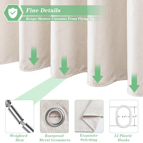 meioro Fabric Shower Curtain, Neutral Linen Textured Shower Curtain Set with 12 Hooks, Boho Farmhouse Bath Decor 230GSM Heavy Duty Polyester Cloth Shower Curtains for Bathroom, 72Wx96H, Beige/Cream