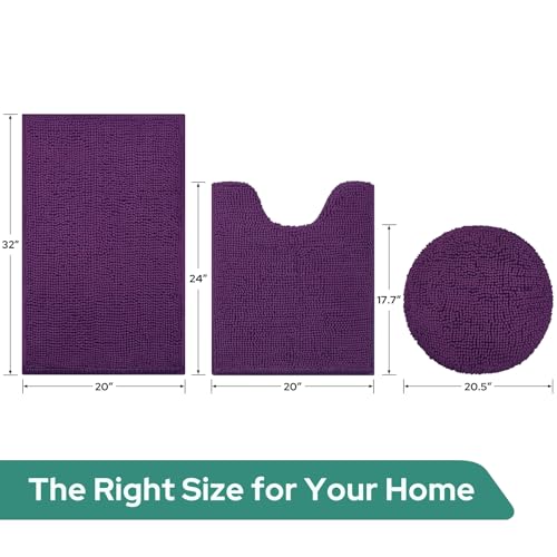 HOMEIDEAS 3 Pieces Dark Purple Bathroom Rugs Set, Ultra Soft Non Slip Bath Rug and Absorbent Chenille Bath Mat, Includes U-Shaped Contour Rug, Bath Mat and Toilet Lid Cover, Perfect for Bathroom Floor - color: Purple, size: 20"x32"+U 20"x24"+Cover 18"x21"