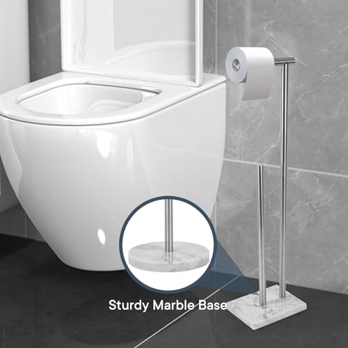 Toilet Paper Holder Stand with Weighted Natural Marble Base, Bathroom Free Standing Toilet Paper Roll Holder with Reserve, Standing Toilet Tissue Holder with Storage (Brushed Nickel, with Storage) - color: Brushed Nickel, size: With Storage