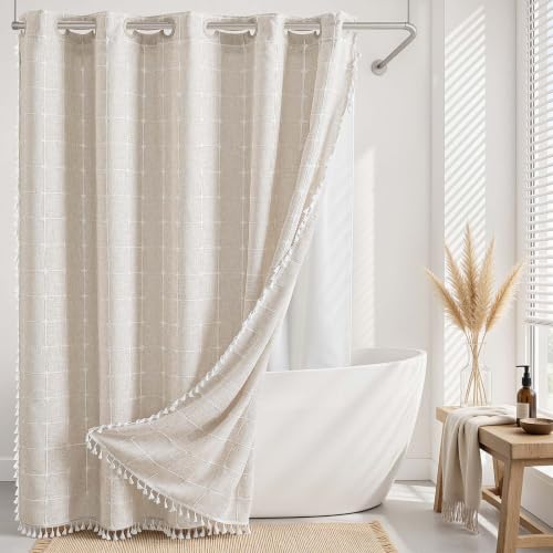 Farmhouse Shower Curtain with Snap-in Liner, No Hooks Needed,Boho Fabric Shower Curtains with Tassels for Rustic Neutral Bathroom Decor,with Magnets,Water Repellent&Machine Washable,Linen,71x74Inch - color: Linen, size: 71"W x 74"L (Pack of 1)