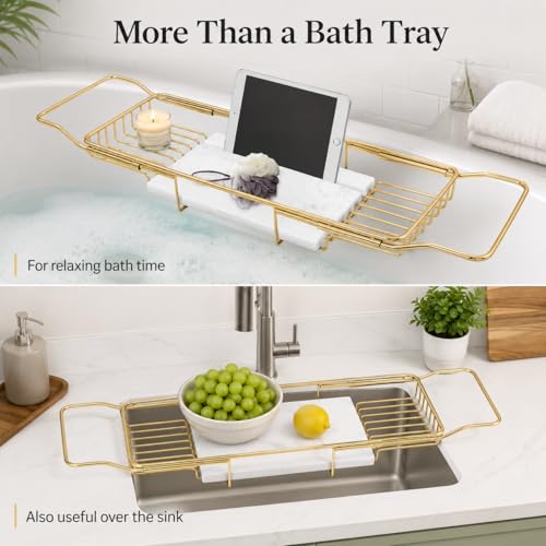 Expandable Bathtub Tray, Stainless Steel Bath Table Tray with Marble Board, Modern Luxury Bathtub Shelf for Bathrooms, Kitchen Sink (Gold + White) - color: Gold + White