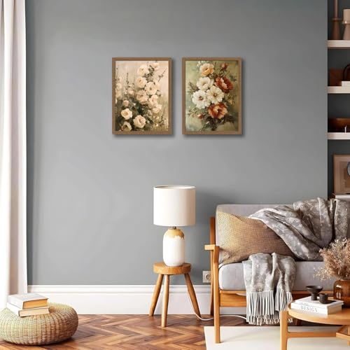 Vintage Floral Wall Art Decor Rustic Cottagecore Floral Canvas Art Prints Framed Farmhouse Country Botanical Flower Pictures Wall Decorations for Home Bedroom Living Room 16x24In Ready to Hang - color: Oil painting rose, size: 16x24 inches