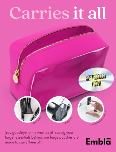 Embla Clear Cosmetic Bag Makeup Case, Clear Zipper Make Up Pouch and Toiletry Travel Tote, Cute Skincare Pouches for Women Girls, Preppy Purse Cosmetic Organizer, Large Makeup Bags, Fuchsia | Large Pink Clear Nylon/PVC Cosmetic Bag with Zipper, Waterproof