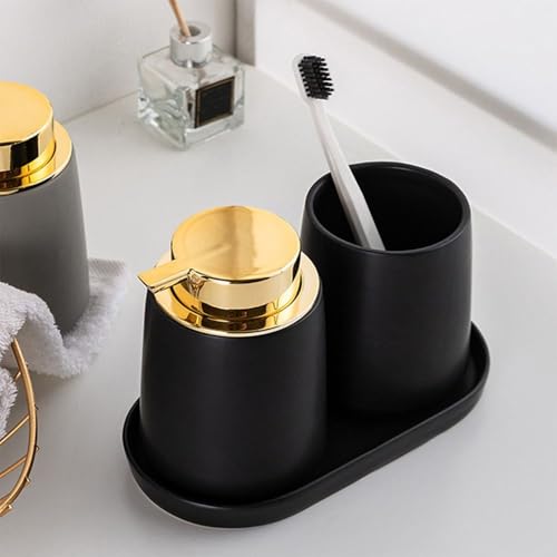 1 Pcs Ceramic Matte Black Round Soap Dispenser Tray, Multi-Purpose Lotion Bottle Hand Sanitizer Dispenser Bottle Mouthwash Cup Tray for Kitchen Sink, Bathroom