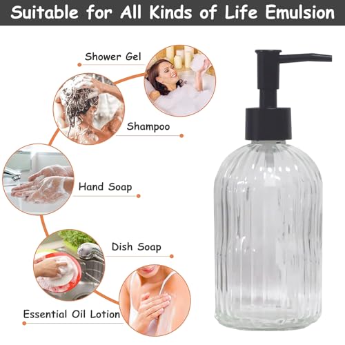 Clear Glass Soap Dispenser with Black Plastic Pump, 13.5oz Refillable Liquid Hand Soap Dispenser, Lotion Dish Soap Dispenser for Modern Home Decor, Bathroom, Kitchen Countertop, Hotel - color: Clear