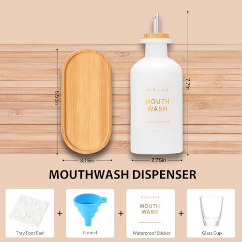 11.8OZ Mouthwash Dispenser for Bathroom with Bamboo & Stainless Steel Pour Spout, Mouthwash Cups Reusable, Bamboo Tray, and Elegant Gold Label. Set of 2（White - color: White/350*2