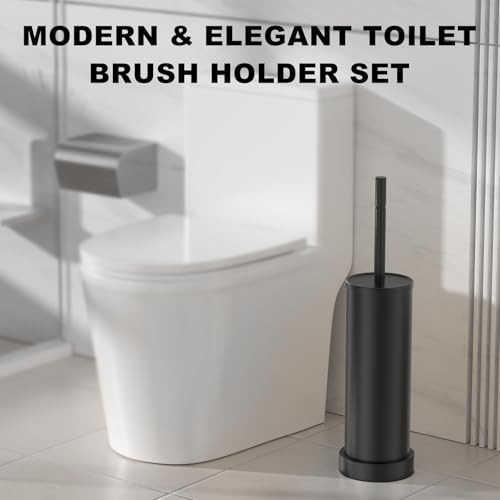 Black Toilet Brush and Holder Set，Stainless Steel Heavy Duty Toilet Bowl Brush，Extra Long Handled Modern Toilet Cleaner Brush with Replaceable Head, Removable Inner Bowl
